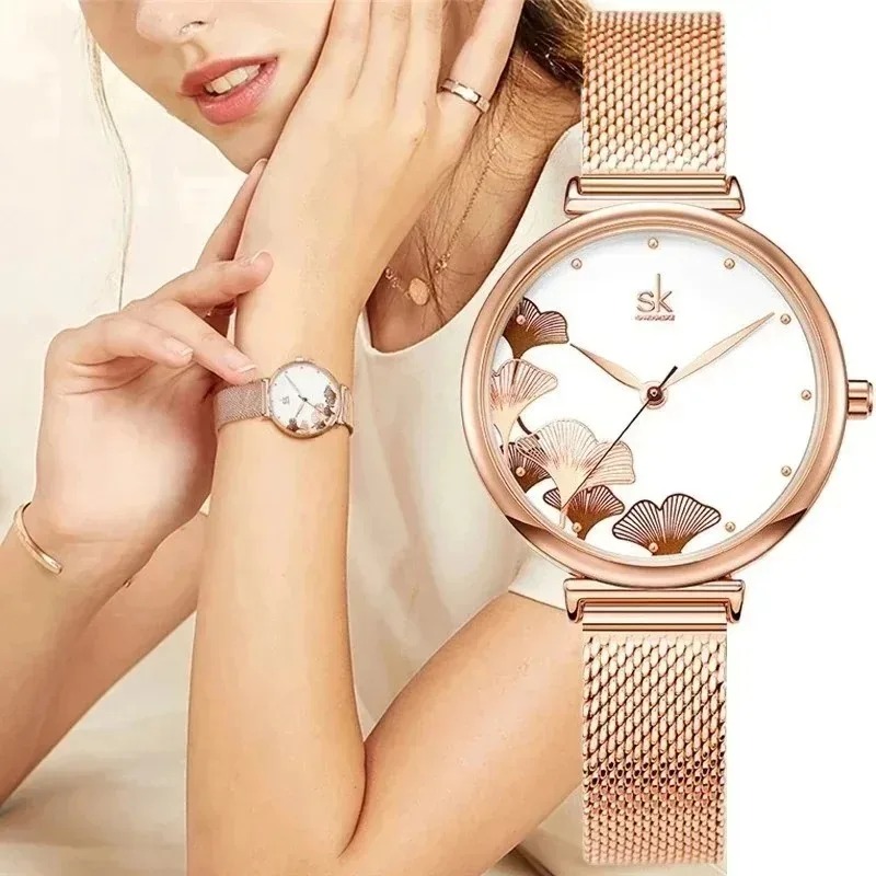 Stainless Mesh Band - Luxe dameshorloge met ginkgo-motief, elegant, kwarts
